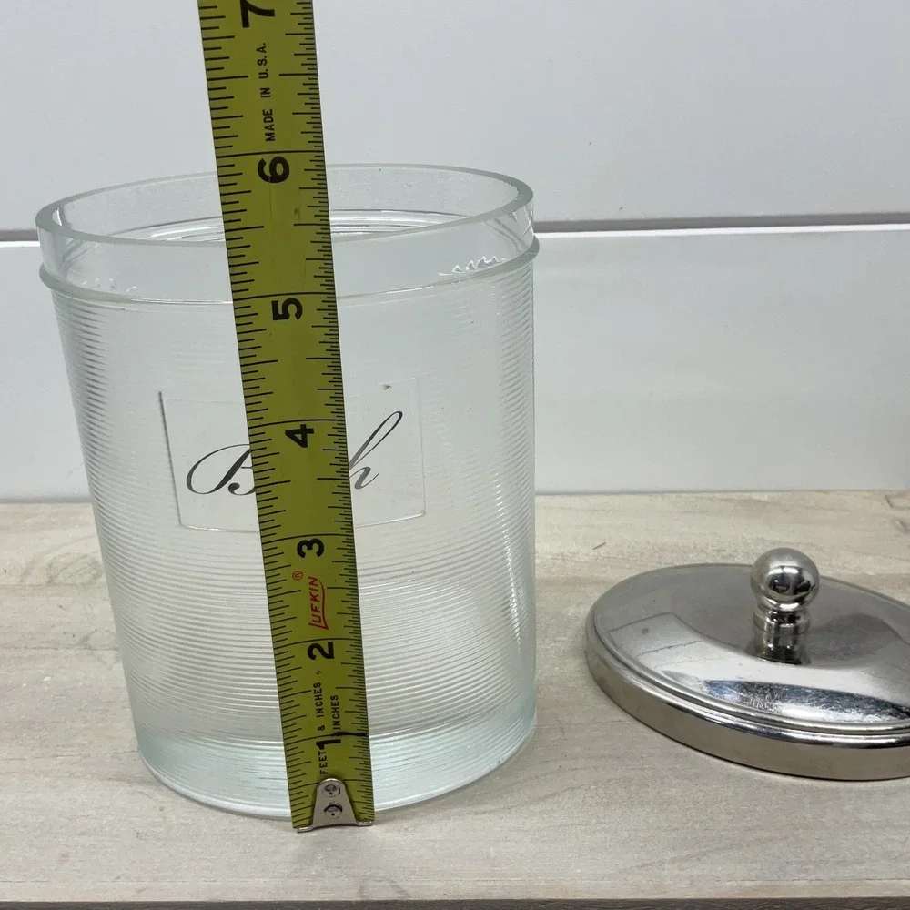 Clear Ribbed Glass Bath Apothecary Jar with Polished Chrome Lid Finial Top